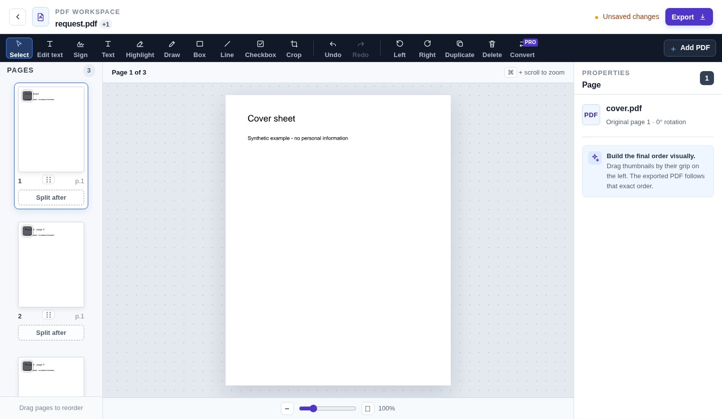 AlphaPDF editor with a synthetic cover sheet moved ahead of a two-page request in a three-page packet.