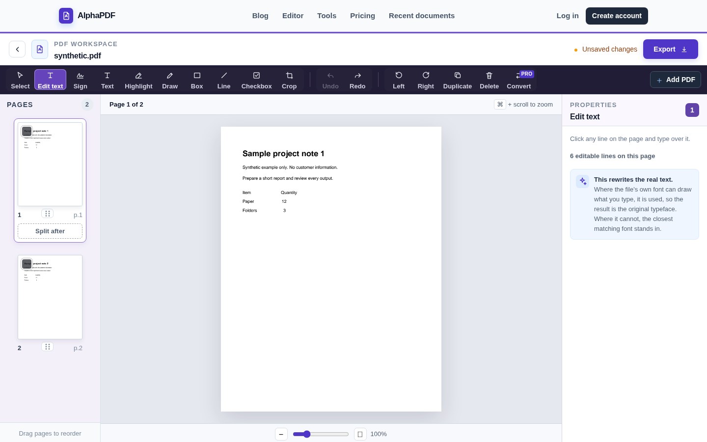 AlphaPDF edit controls with a synthetic example document.