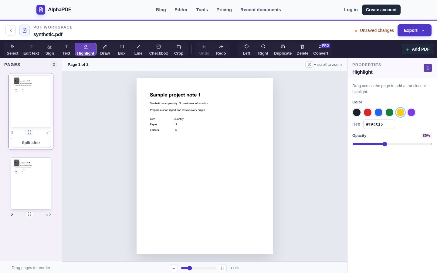 AlphaPDF highlight controls with a synthetic example document.