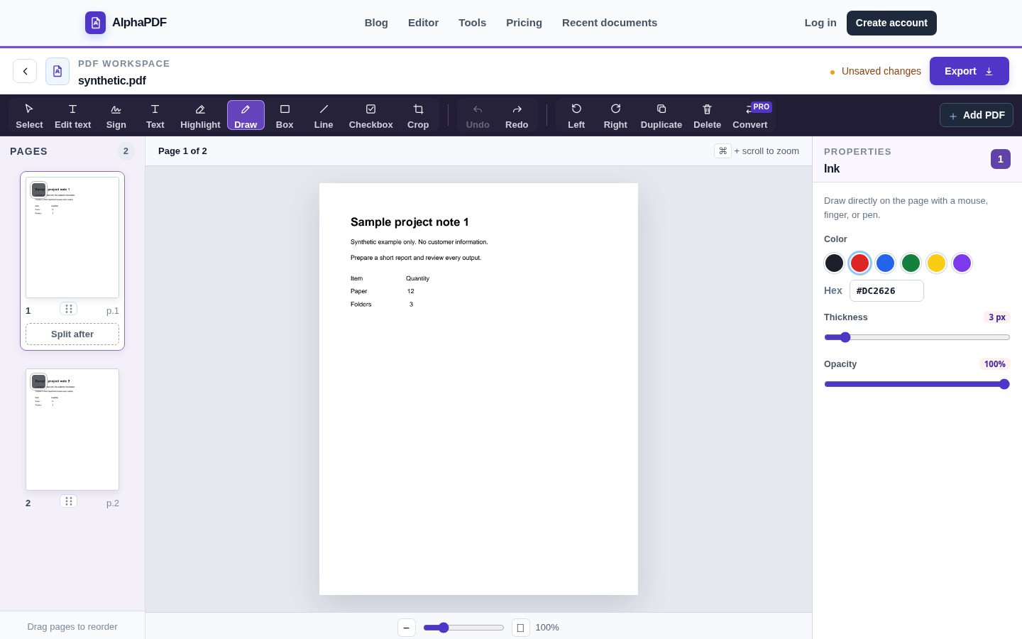AlphaPDF draw controls with a synthetic example document.