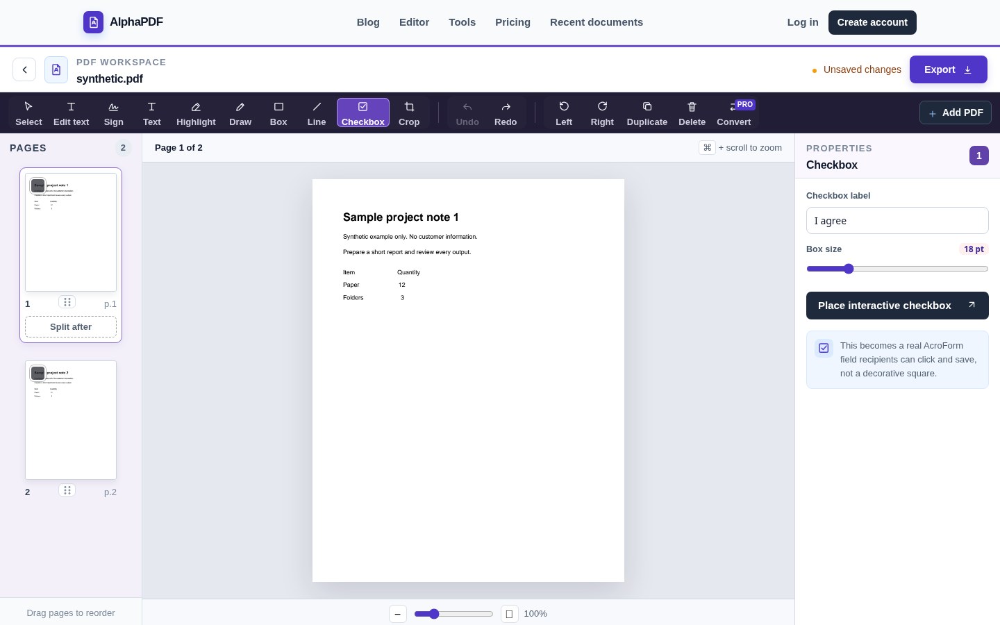 AlphaPDF checkbox controls with a synthetic example document.