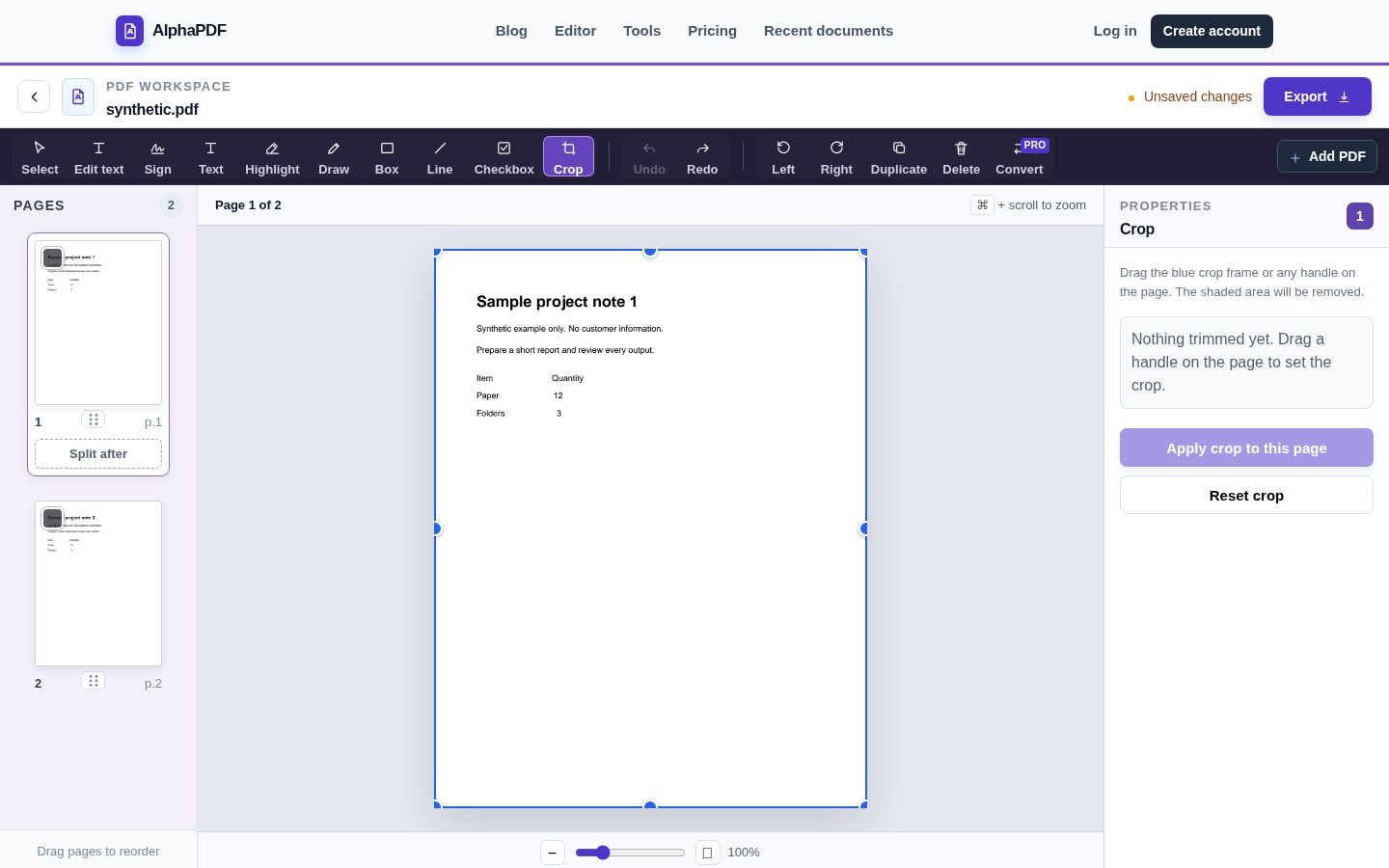 AlphaPDF crop controls with a synthetic example document.