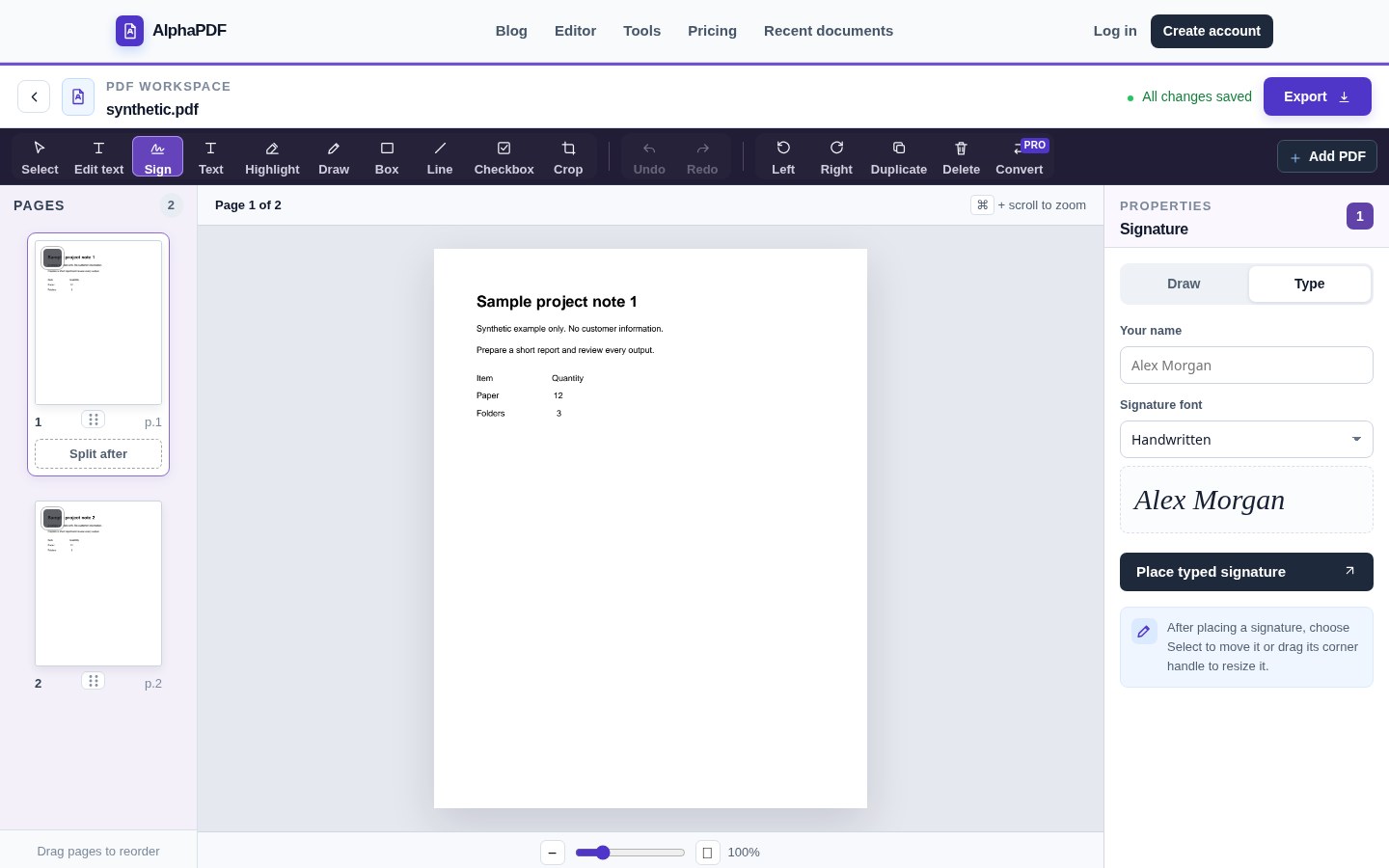 AlphaPDF sign controls with a synthetic example document.