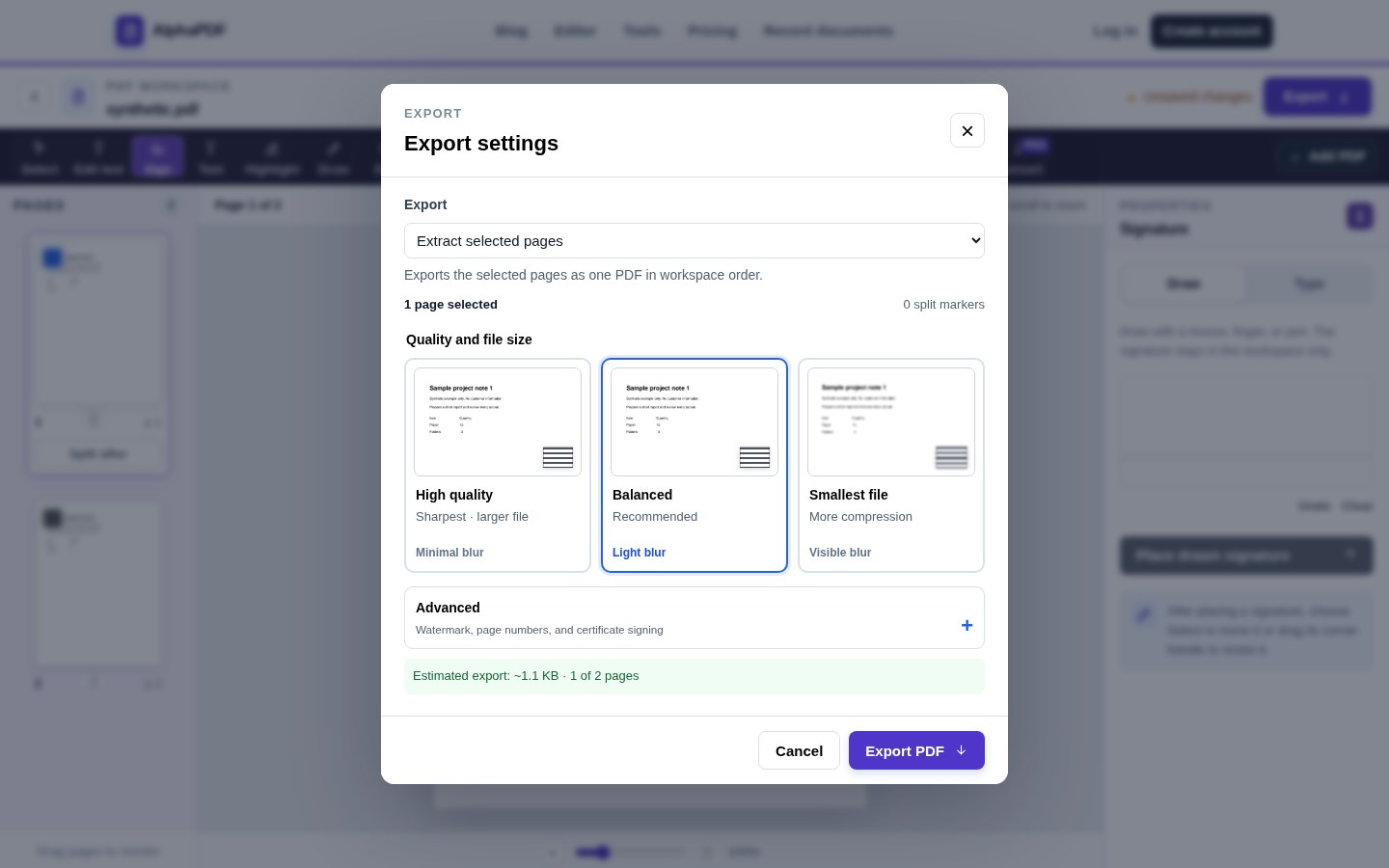 AlphaPDF selected-page export controls with a synthetic example document.