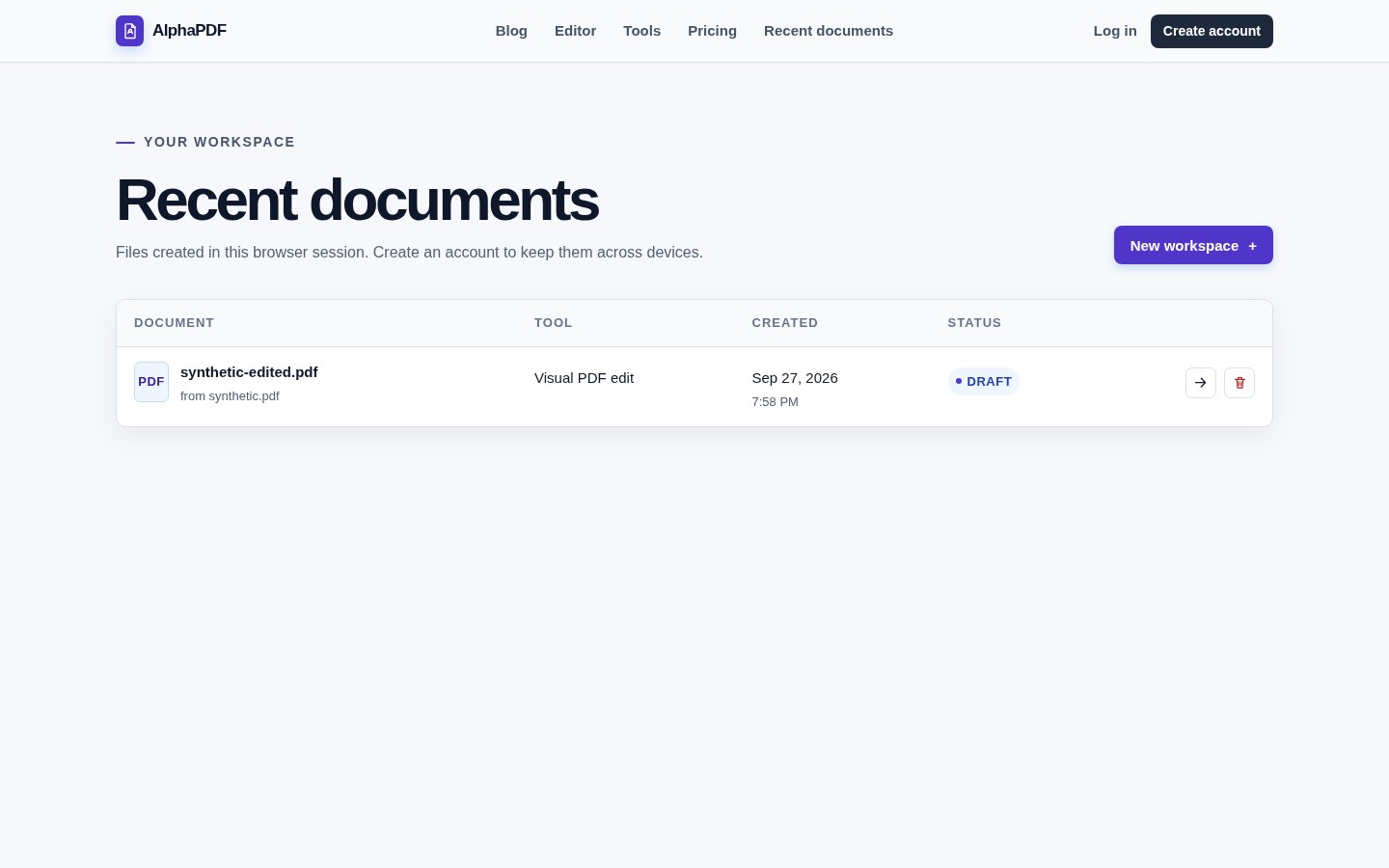 AlphaPDF Recent documents controls with a synthetic example document.