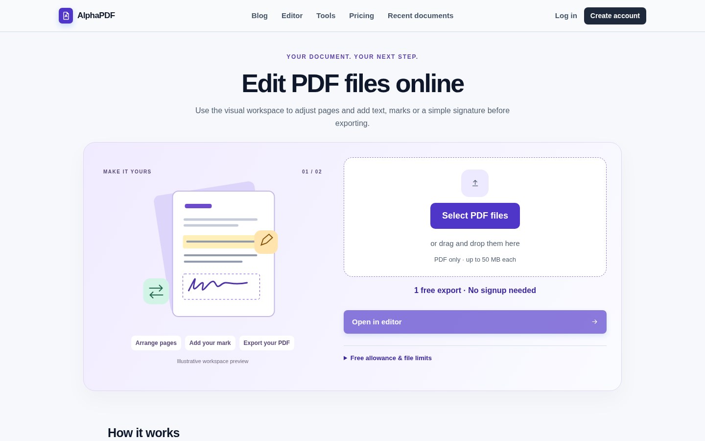 AlphaPDF PDF upload page showing the file picker and published input limits.