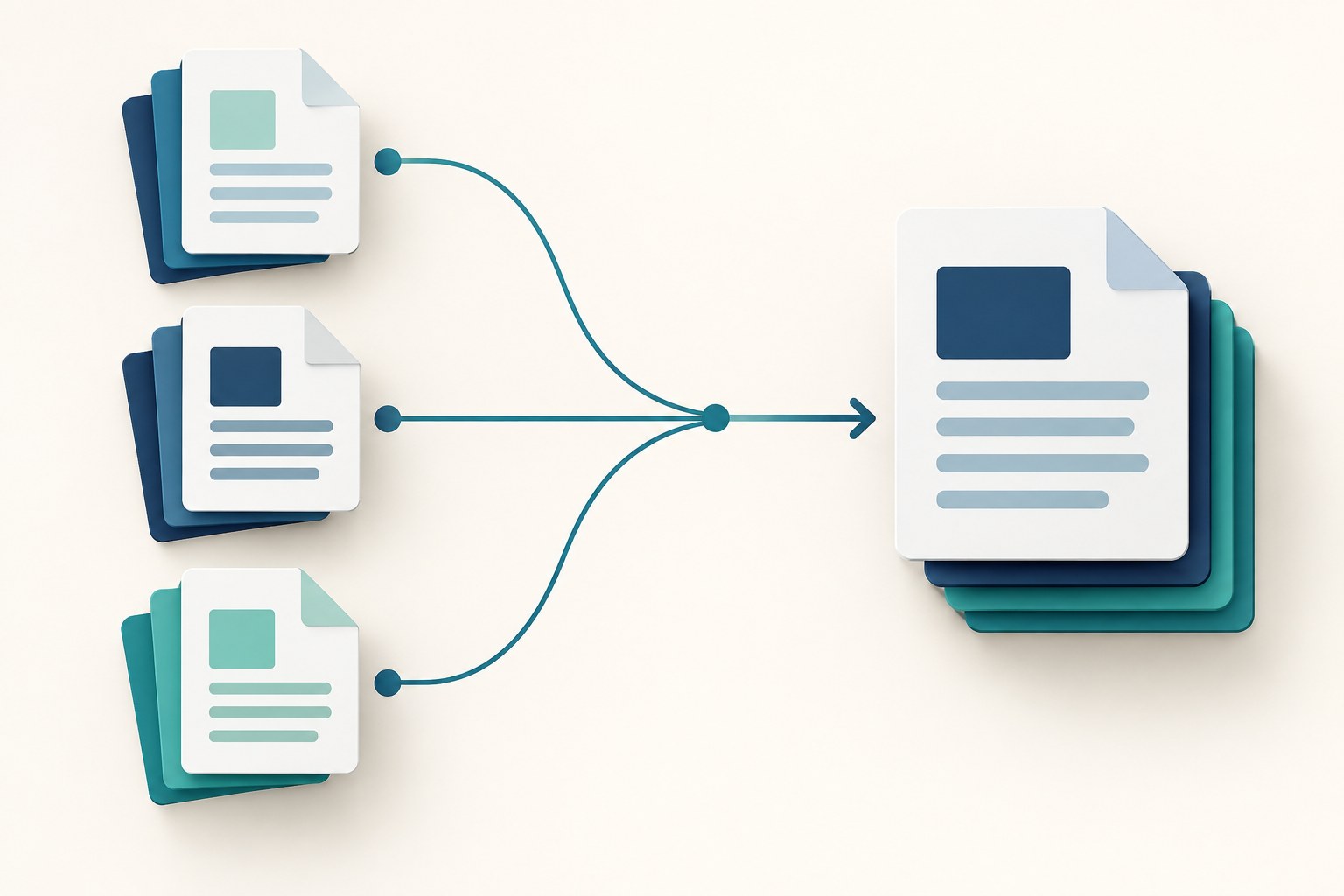 Illustration of three separate paper stacks joining into one organized document