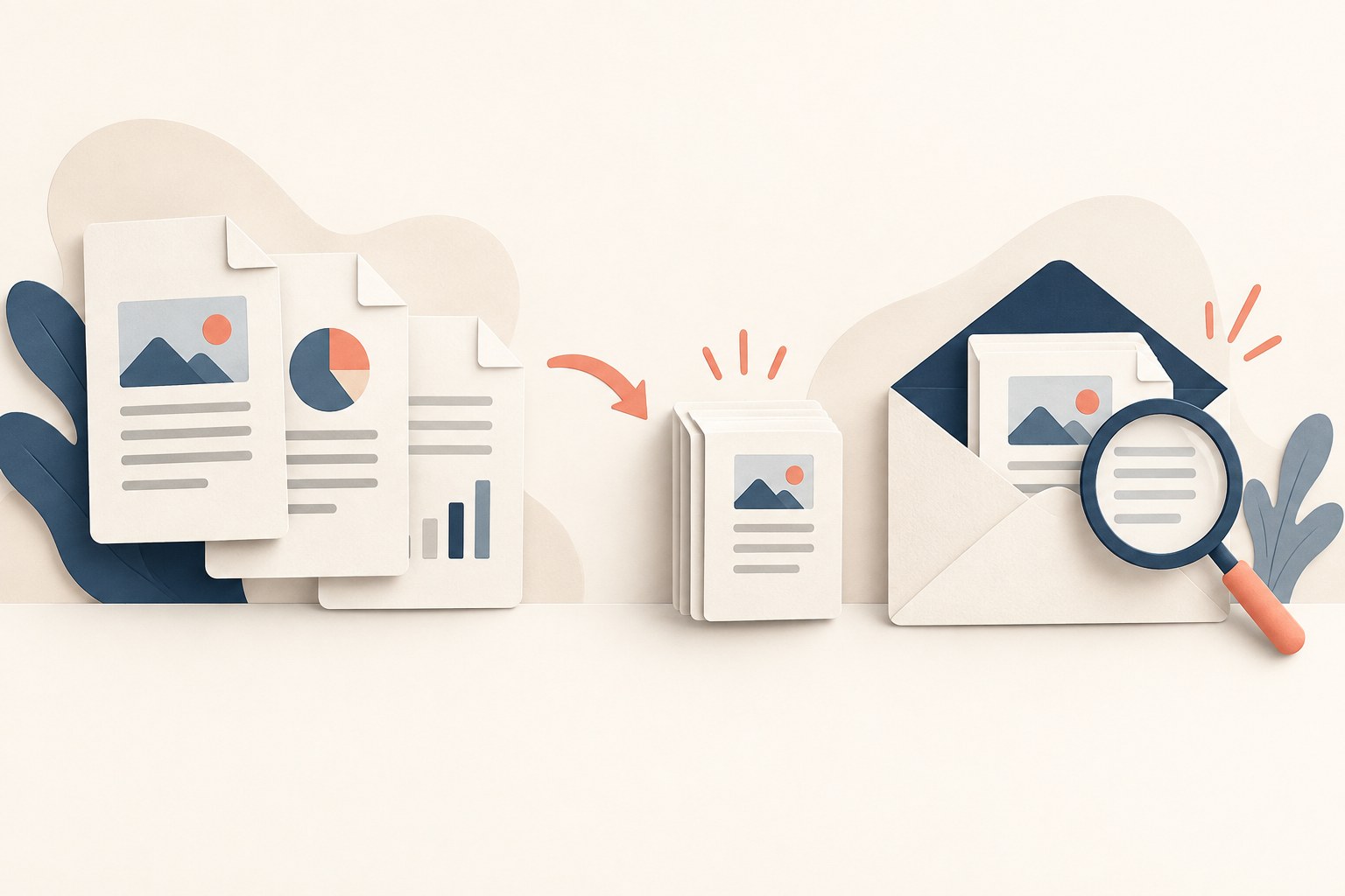 Illustration of document sheets becoming a compact stack beside an email envelope and a magnifying glass.