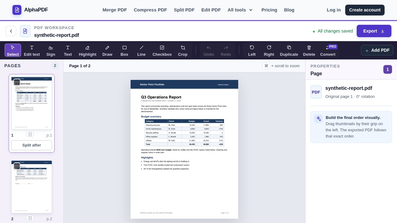 AlphaPDF editor with a synthetic two-page report, page thumbnails, Delete and Add PDF controls.