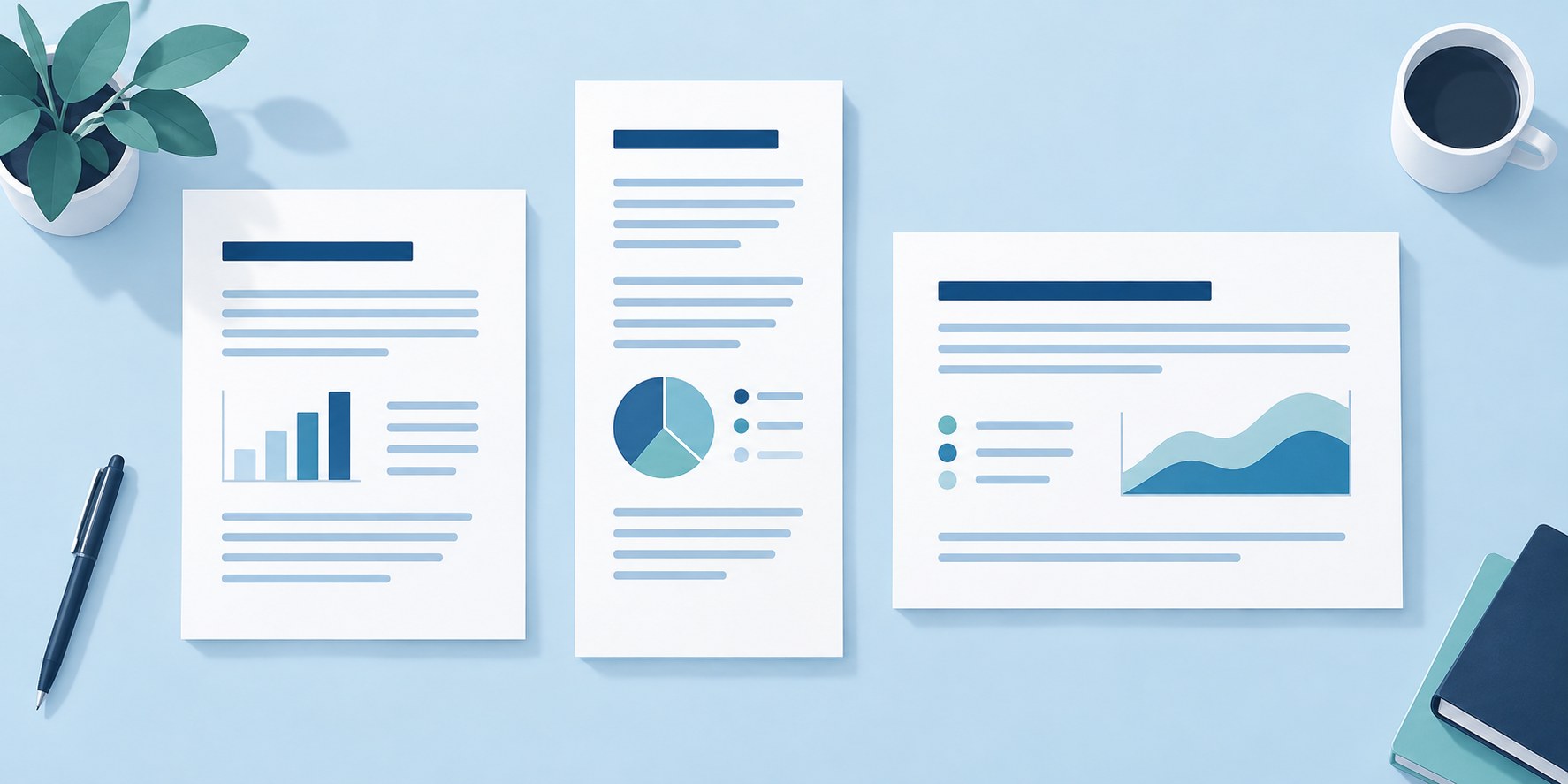 Three illustrated documents with different page proportions on a blue desktop.