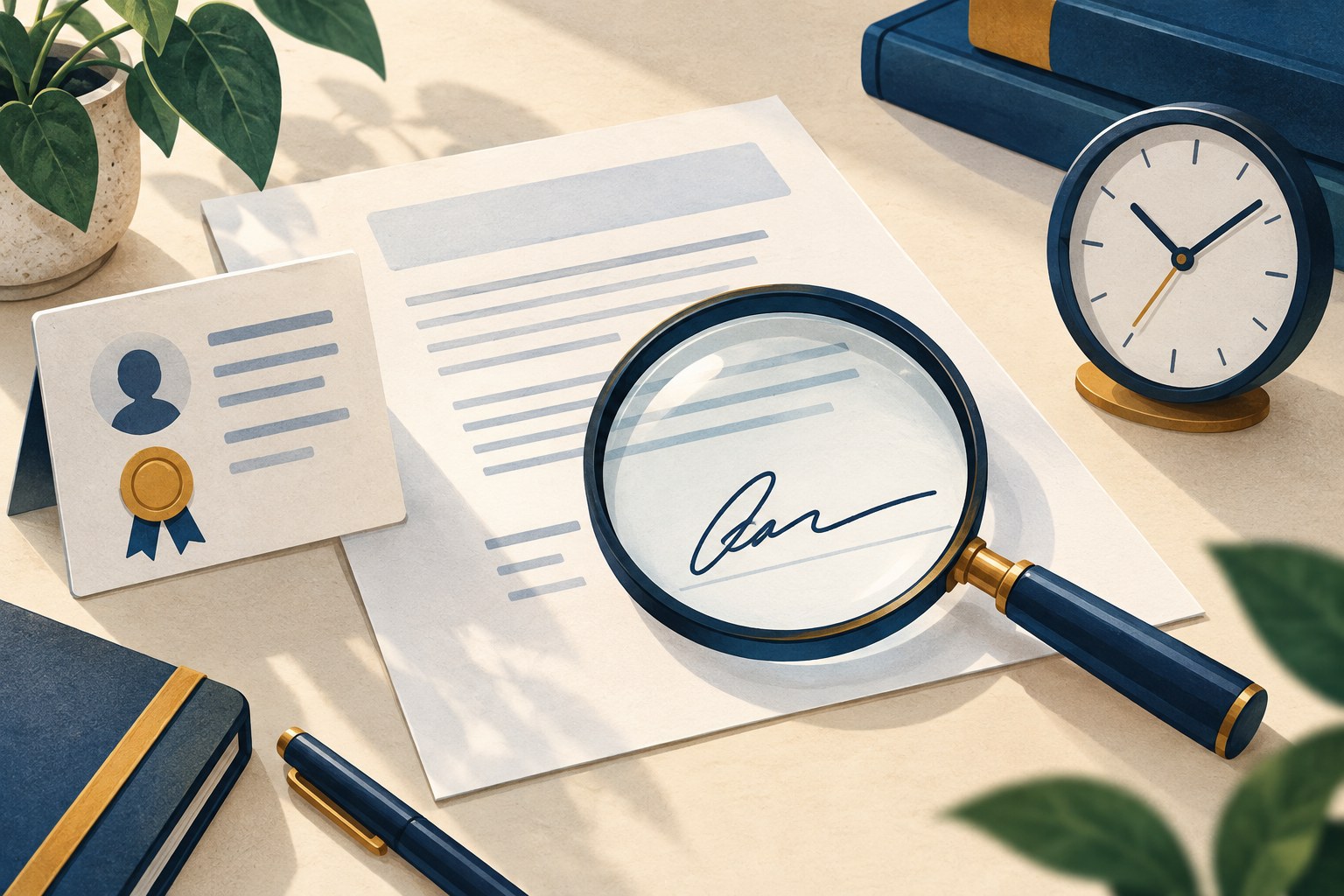 Editorial illustration of a document under a magnifying glass beside a certificate card and clock.