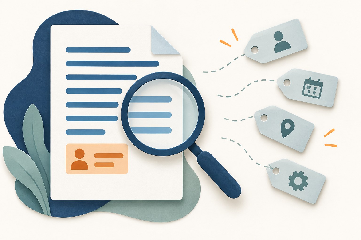 Illustration of metadata tags separated from a document while a magnifying glass examines its visible content.