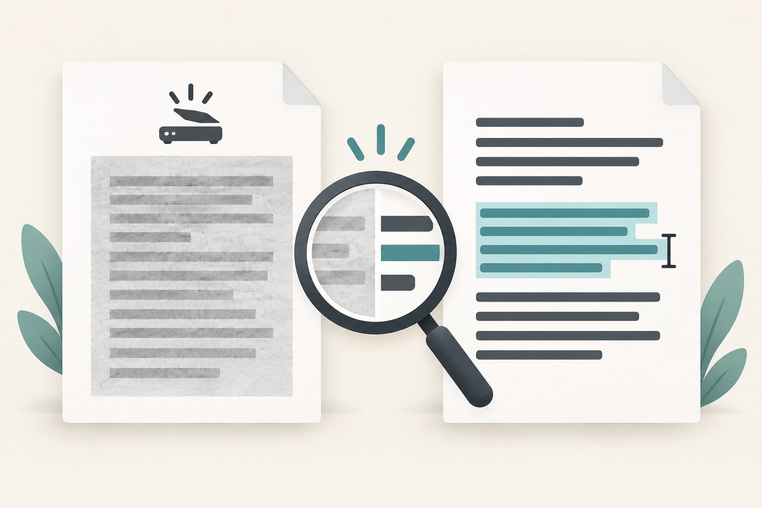 Illustration contrasting a scanned page with selectable text, using a magnifying glass and text cursor.