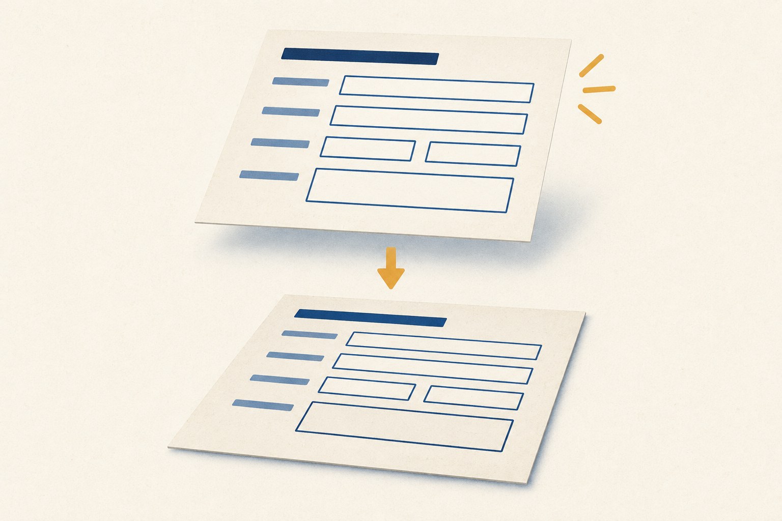 Editorial illustration of a form above a flat paper copy, connected by a downward arrow.