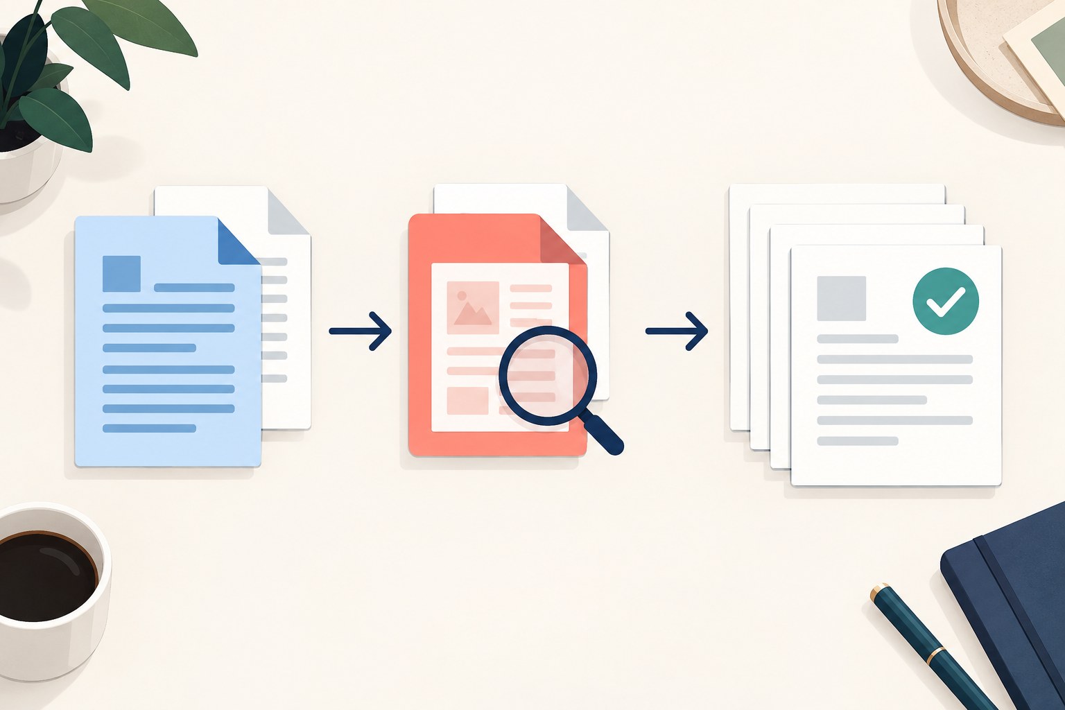 Illustration of a document exported to PDF, checked with a magnifying glass and assembled into a four-page packet.