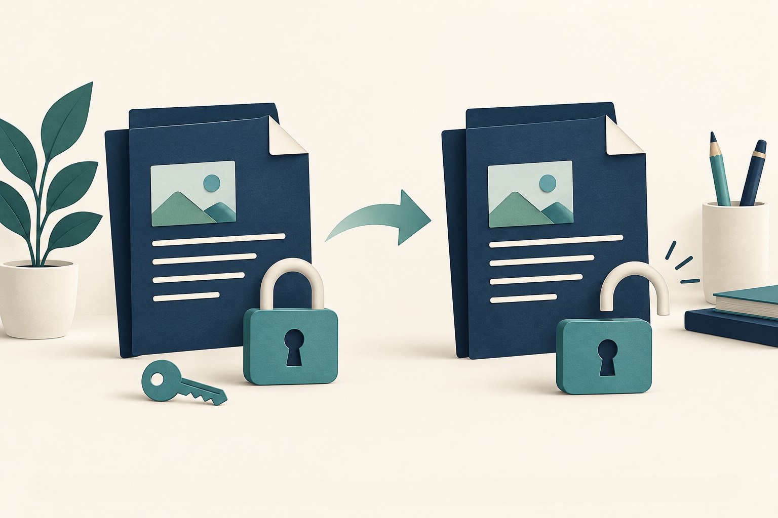 Conceptual illustration of matching documents, one beside a closed padlock and one beside an open padlock.