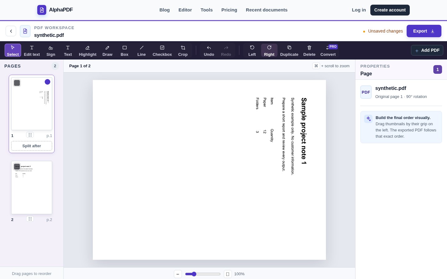 AlphaPDF rotate controls with a synthetic example document.