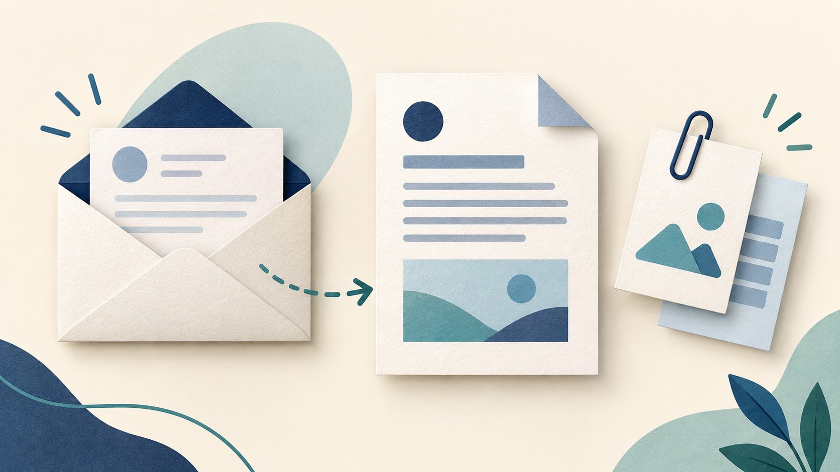 An email envelope beside a PDF-style document and separate attachment sheets.