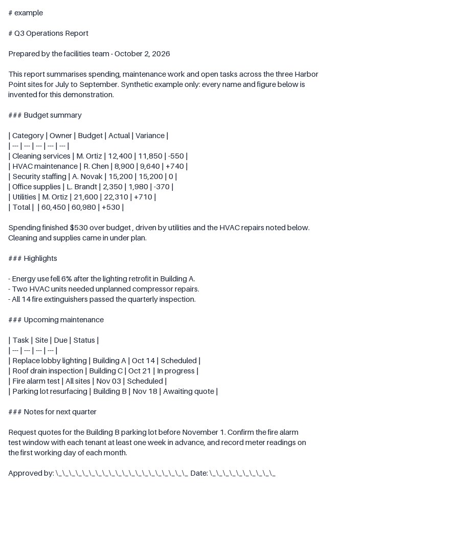 Actual Markdown output of the synthetic operations report, with headings, budget table and maintenance tasks