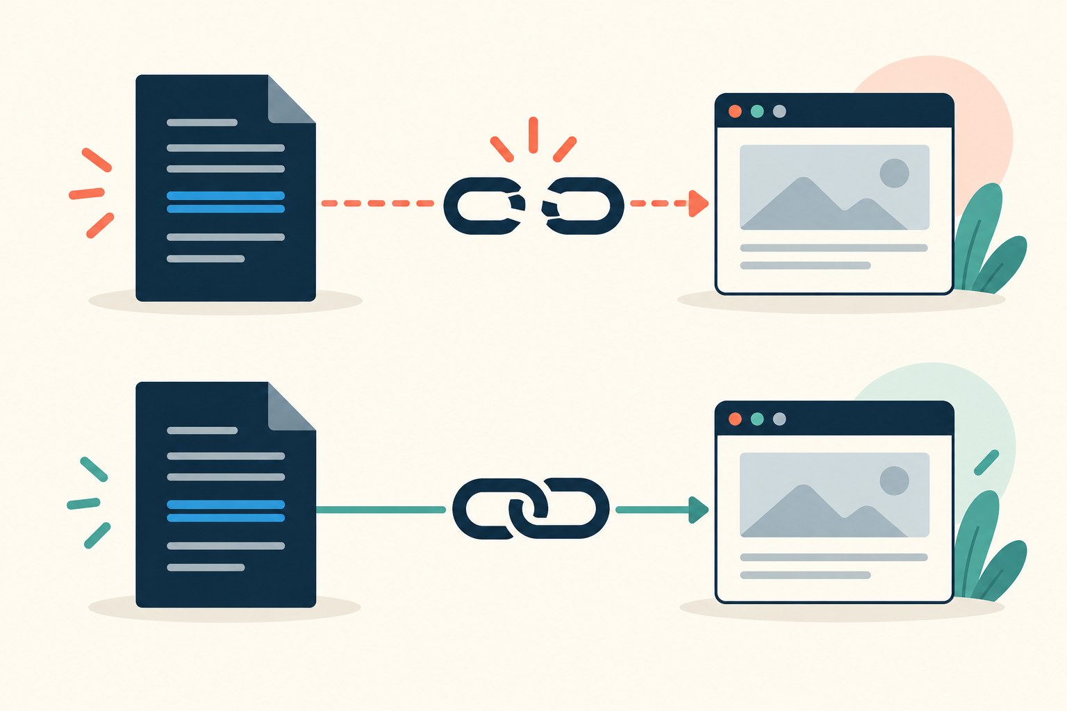 Conceptual illustration of broken and intact links between document pages and browser windows