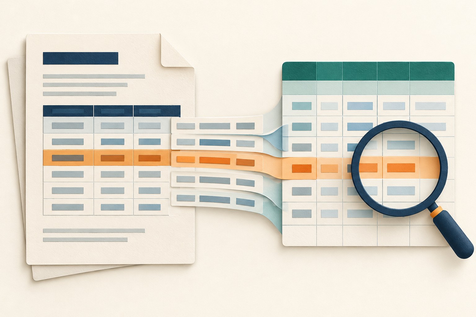 Illustration of table rows moving from a PDF report into a spreadsheet, with a magnifying glass checking a row.