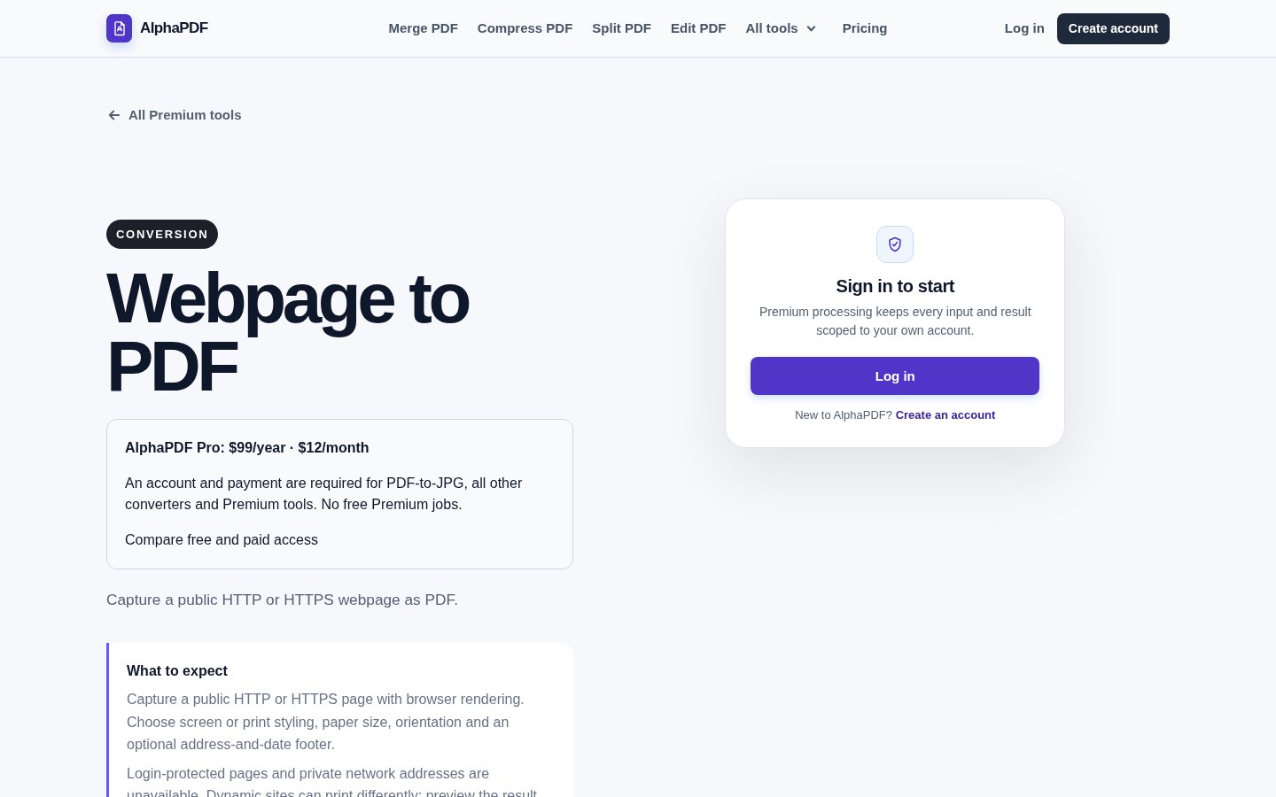 AlphaPDF Webpage to PDF page showing public URL capture guidance and sign-in entry point.