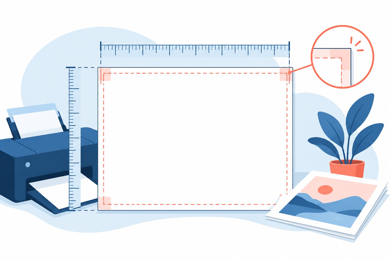 Illustration of a PDF page, printer and marked printable margins