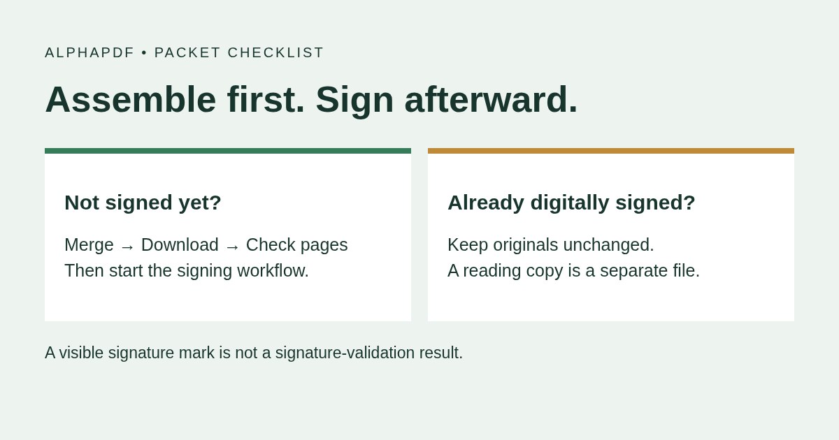 Unsigned PDFs: merge, download and check before signing. Already signed PDFs: retain unchanged originals and keep reading copies separate.