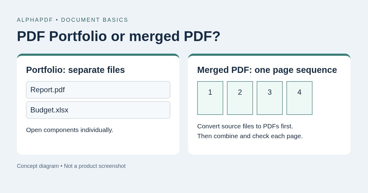Concept diagram: a PDF Portfolio contains separate Report.pdf and Budget.xlsx files